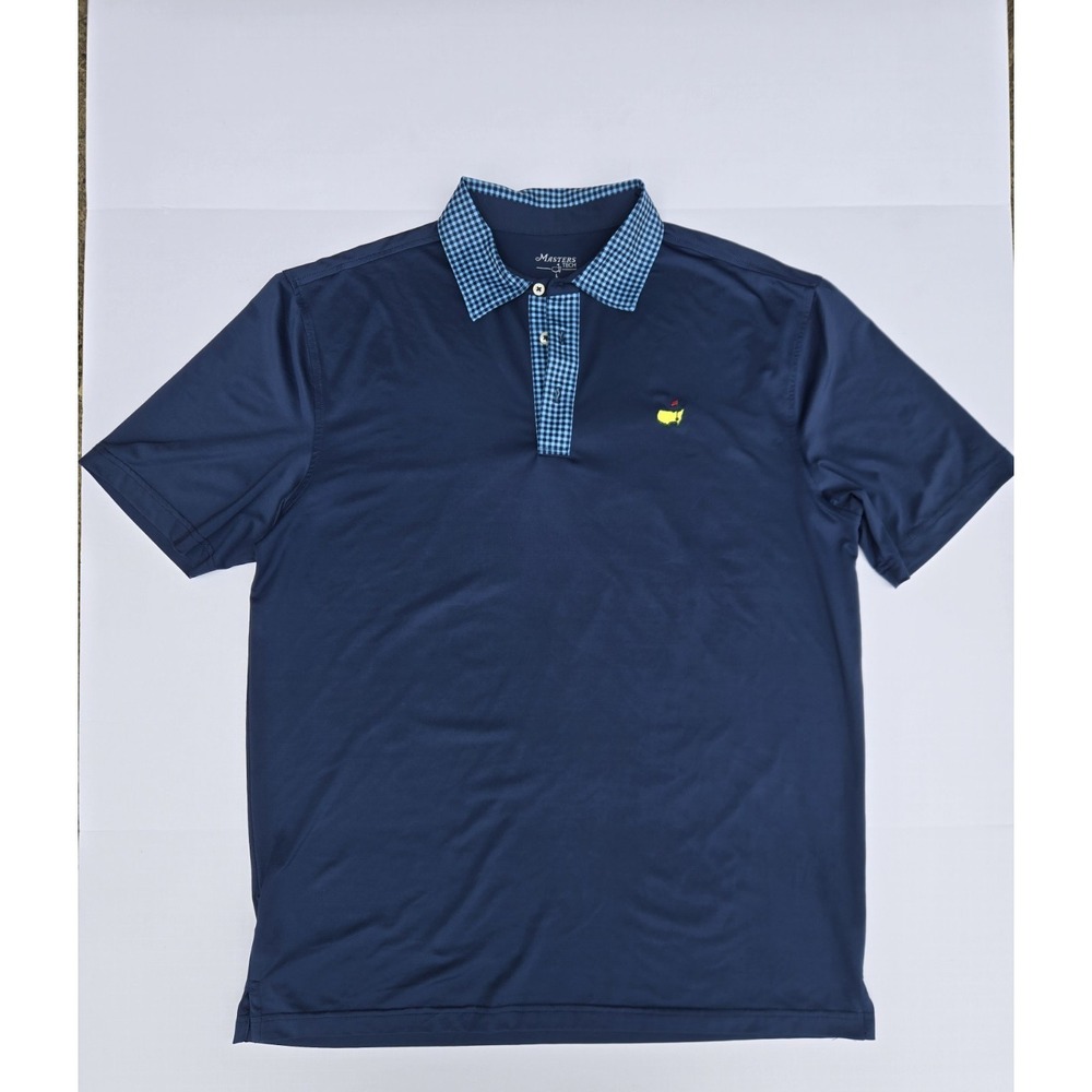 Masters Tech Performance Polo Shirt Mens Large Solid Blue Gingham Collar Golf